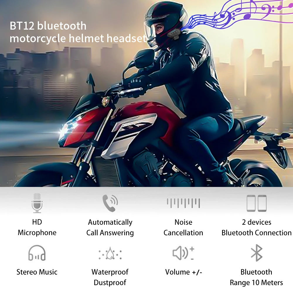 BT12 Motorcycle Helmet Headset Stereo Bluetooth Earphone Wireless